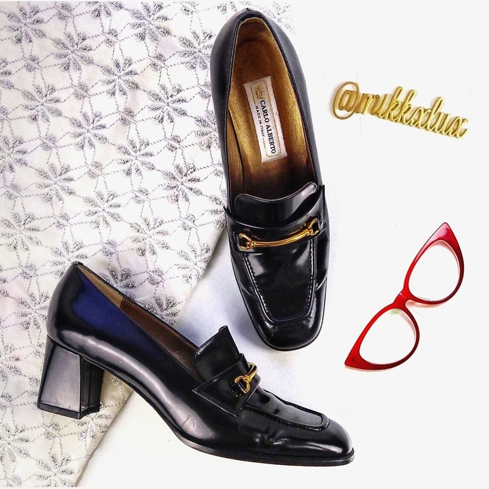 Carlo Alberto black leather chunky heel loafers